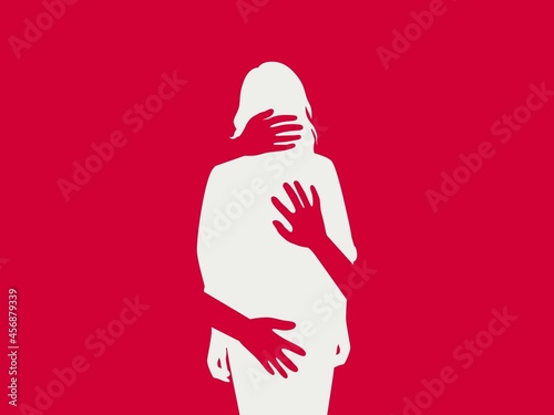 Silhouette of woman, harassment vector illustration. hands of man touching women. Violence against women, Workplace bullying concept. flat concept, text, blue, white, victim, sexual, rape