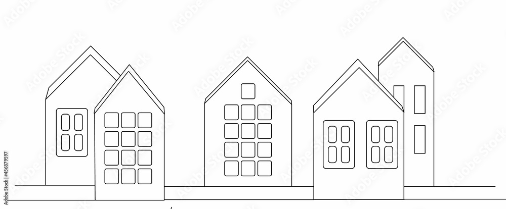 houses drawing by one continuous line, isolated