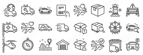 Set of Transportation icons, such as Ambulance car, Truck transport, Search package icons. Parcel invoice, Car service, Parking signs. Travel compass, Parcel, Delivery service. Lighthouse. Vector