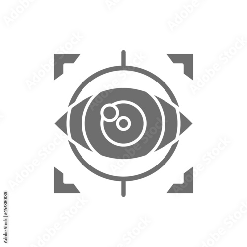 Eye surgery, lens replacement, laser vision correction grey icon.