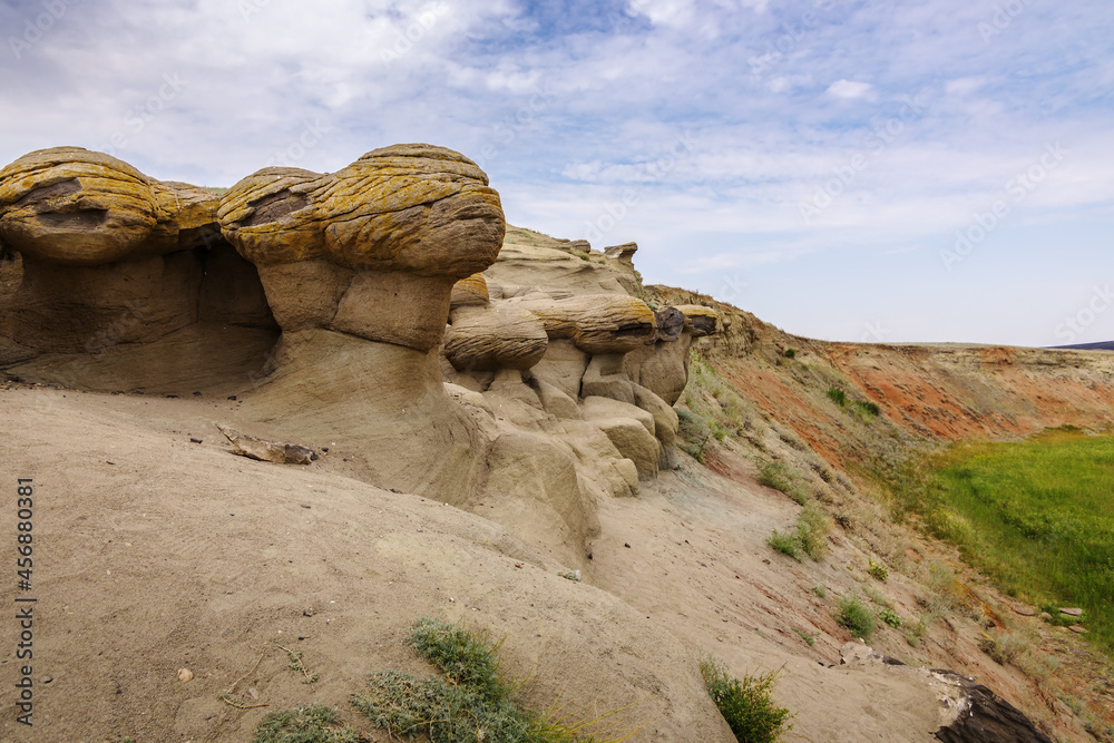 Bukobay yars, a product of wind erosion. Natural landscape and geological attraction. Sol-Iletsk district of the Orenburg region, Russia