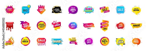 Best sale offer banners. Discounts price deal stickers. Special offer 3d bubble. Promotion sale tag coupons. Best discount deal sticker templates. Quiz bubble banner. Promotion Ad labels. Vector