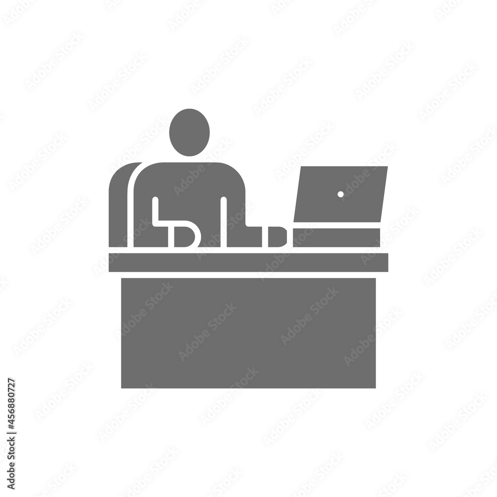 Man at workplace, office working, boss grey icon. Man at workplace, office working, boss grey icon.