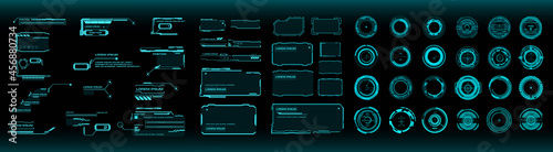 Big set futuristic HUD, UI / UX elements for HUD user interface. Circles, callouts, titles, frames, pointers, targets, info and dialog boxes. Elements for game design in the style of HUD