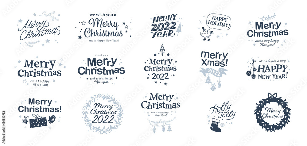Merry Christmas and Happy New year congratulations designs with hand writing and holiday icons isolated. Vector flat illustration. For cards, banners, prints, packaging, invitations, tags. Merry Christmas and Happy New year congratulations designs with hand writing and holiday icons isolated. Vector flat illustration. For cards, banners, prints, packaging, invitations, tags.