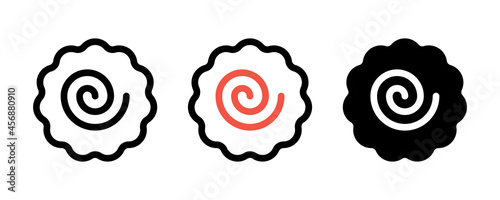 Narutomaki or kamaboko surimi vector icons set in outline and filled style. Traditional Japanese naruto steamed fish cake with pink swirl in the center. Topping for ramen noodle soup isolated.