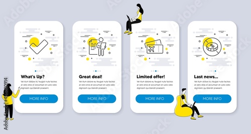 Set of Business icons, such as Boarding pass, Job interview, Tick icons. UI phone app screens with people. No cash line symbols. Flight ticket, Cv file, Confirm check. Tax free. Vector