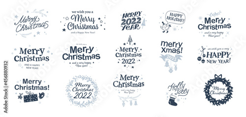 Merry Christmas and Happy New year congratulations designs with hand writing and holiday icons isolated. Vector flat illustration. For cards, banners, prints, packaging, invitations, tags.