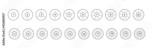 Divide circle. Segmented circles set isolated on a white background. Black segment element. Vector round 20 section photo