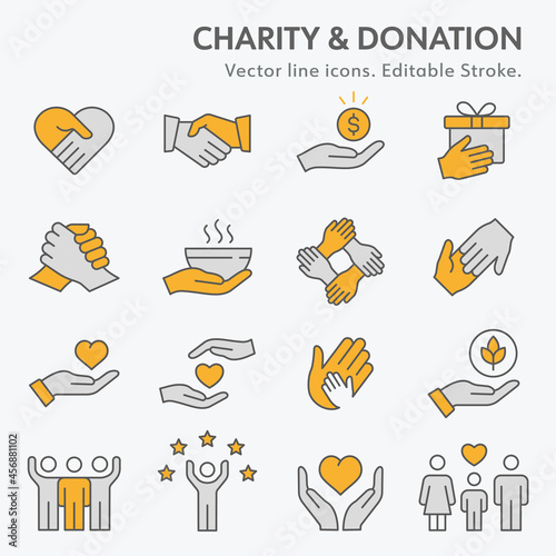 Charity icon set. Collection of donate, volunteer, help, solidarity and more. Editable stroke. Change to any size and any colour.