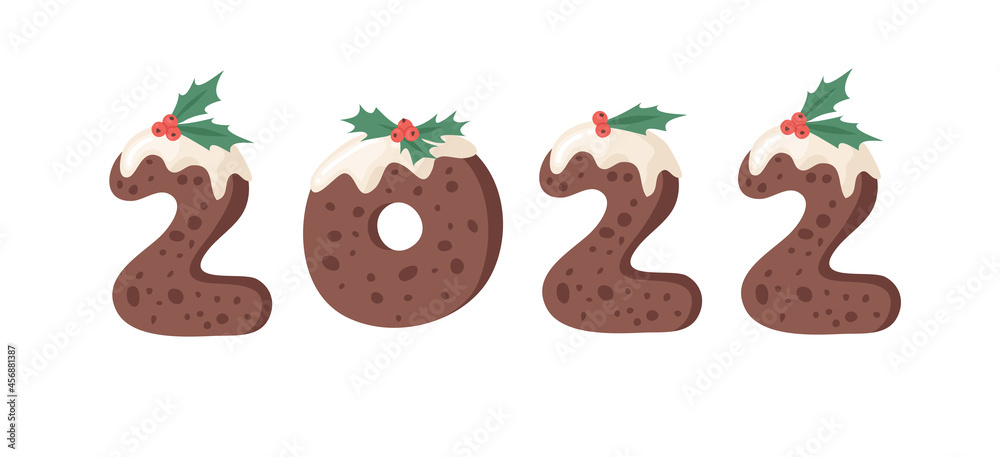 Happy New Year Greeting Card with numbers 2022. Cartoon vector illustration Christmas Pudding. Hand drawn font. Actual Creative Holidays alphabet Happy New Year Greeting Card with numbers 2022. Cartoon vector illustration Christmas Pudding. Hand drawn font. Actual Creative Holidays alphabet