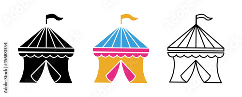 Festive camping icon set. Carnival with tent line icon. Festival and event icon set. Silhouette, colorful and linear set.