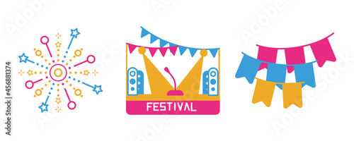 Festive firework  stage and ornament icon set. Festival and event icon set. Colorful icon set.