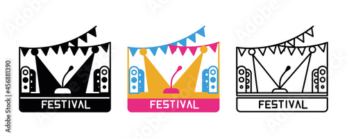 Festival stage icon set. Musical stage carnival line icon. Festival and event icon set. Silhouette, colorful and linear set.