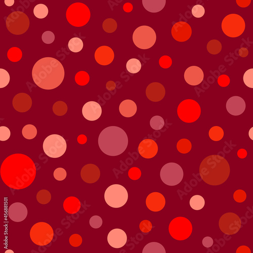 Seamless abstract pattern of scarlet circles and dots on red background. Kaleidoscope background.