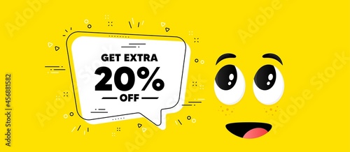Get Extra 20 percent off Sale. Cartoon face chat bubble background. Discount offer price sign. Special offer symbol. Save 20 percentages. Extra discount chat message. Vector
