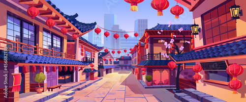 Chinese new year street festively decorated with lanterns, chinatown city background. Vector panorama with asian buildings and sakura blossoms, houses and lanterns, garlands, skyscrapers on background