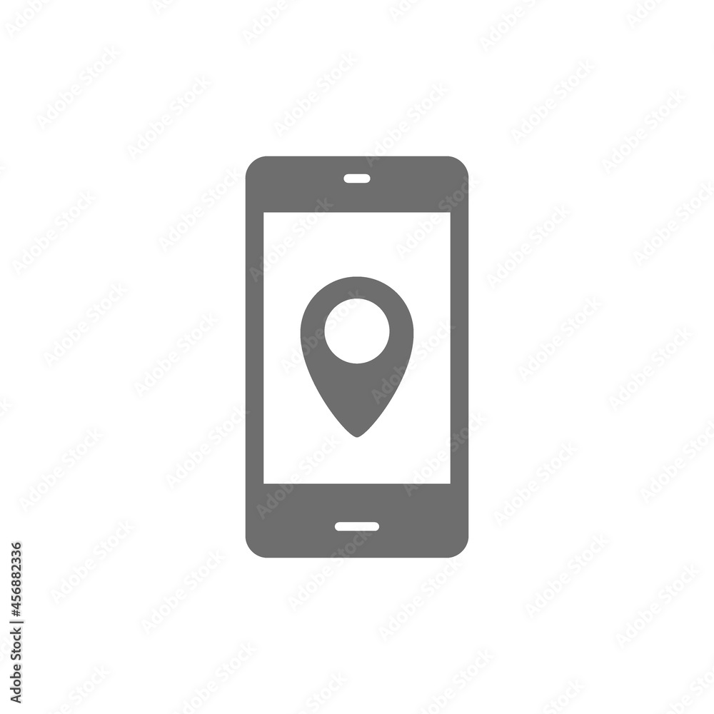 Smartphone with destination mark, geolocation, gps navigations grey icon. Smartphone with destination mark, geolocation, gps navigations grey icon.