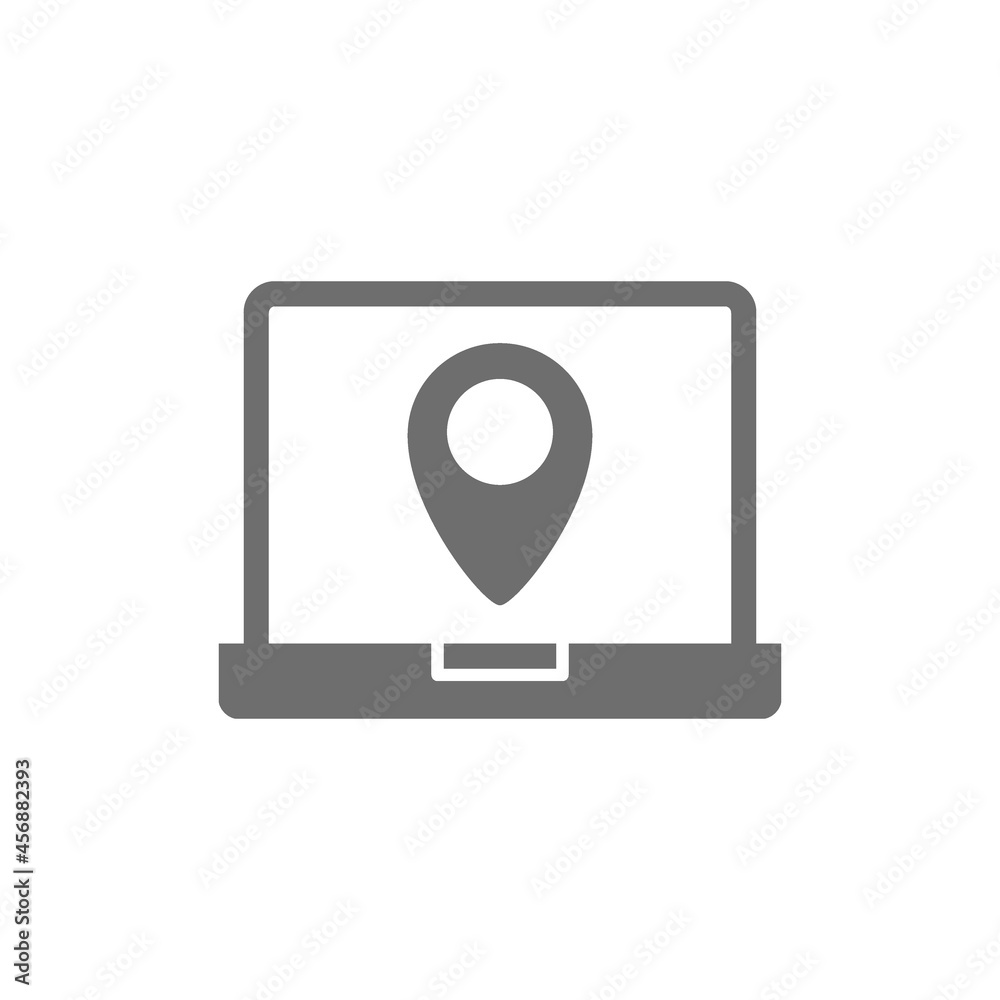 Laptop with destination mark, navigator, geolocation grey icon. Laptop with destination mark, navigator, geolocation grey icon.