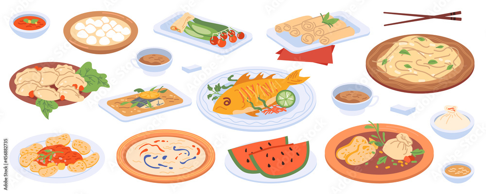 Fototapeta Reunion dinner with food on plates isolated flat cartoon icons set. Vector traditional China cuisine dishes, fish and rice, soup and vegetables, dumplings and watermelon. Chopsticks and sauces