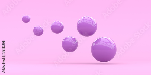 Serene spheres are falling on a pink background. 3d render illustration. Abstract background for ideas.