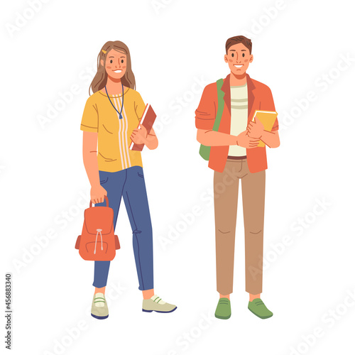 Students of high school, college or university, boy and girl isolated flat cartoon characters. Vector guys woman and man, teenager standing with backpacks and books in hands, education and knowledge