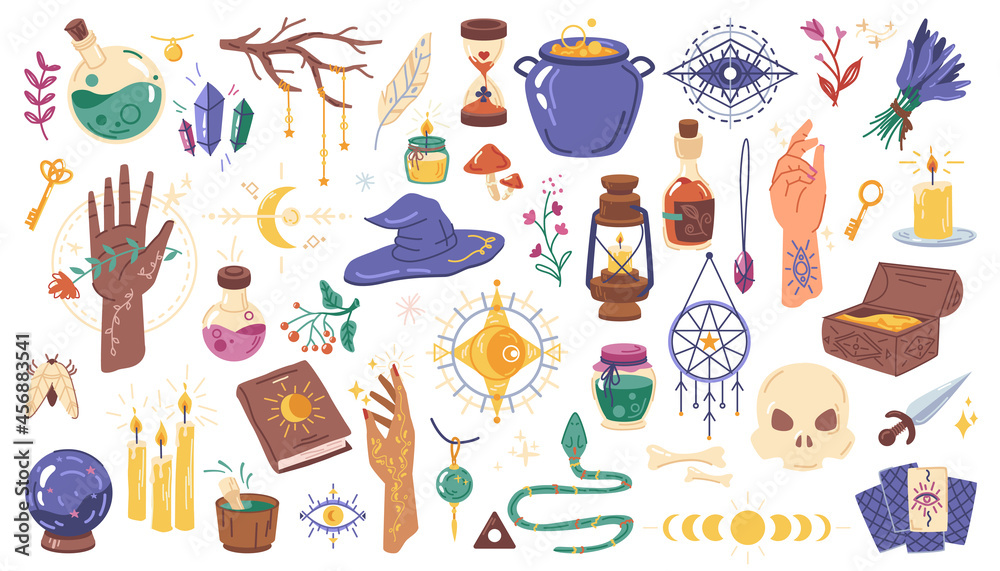 Magic set, Halloween witchcraft elements isolated flat cartoon icons. Vector doodle of witch potion, skull, snake and cauldron, alchemy mystery objects. Lantern and candles, amulet and healing herbs