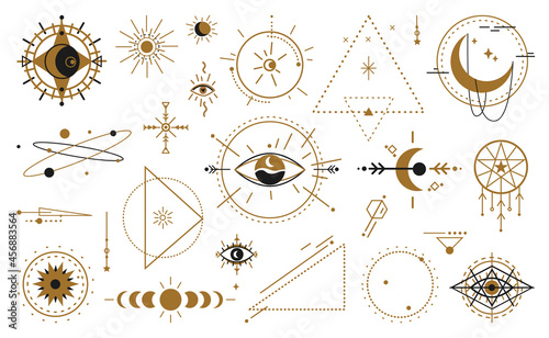 Magic witchcraft wicca occult symbols mystical geometric signs isolated. Vector esoteric, spiritual inspired magician mystical amulets. Magical signs, evil eye, celestial symbols of moon phase
