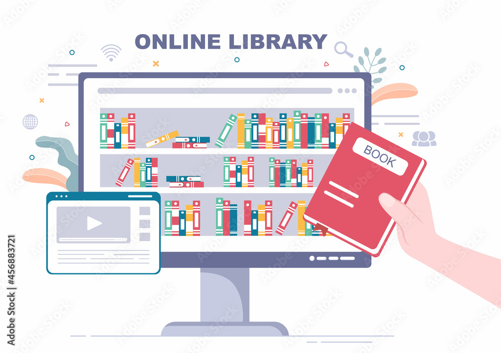 Online Library Digital Education Background with Distance Learning, Recorded Classes, Video Tutorial to Gain Knowledge. Flat Design Vector Illustration