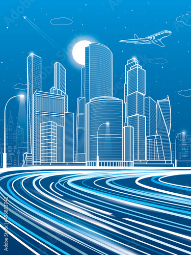 Wide illuminated highway. Modern night town. Traffic lights. Car overpass. Infrastructure outlines illustration, urban scene. White lines on blue background. Vector design art 