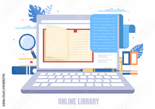 Online Library Digital Education Background with Distance Learning, Recorded Classes, Video Tutorial to Gain Knowledge. Flat Design Vector Illustration