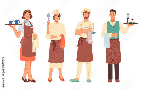 Workers professions, women and men, cooks and waiters isolated flat cartoon characters. Vector chef cook, culinary and restaurant professional worker in uniform with aprons and hats, with trays
