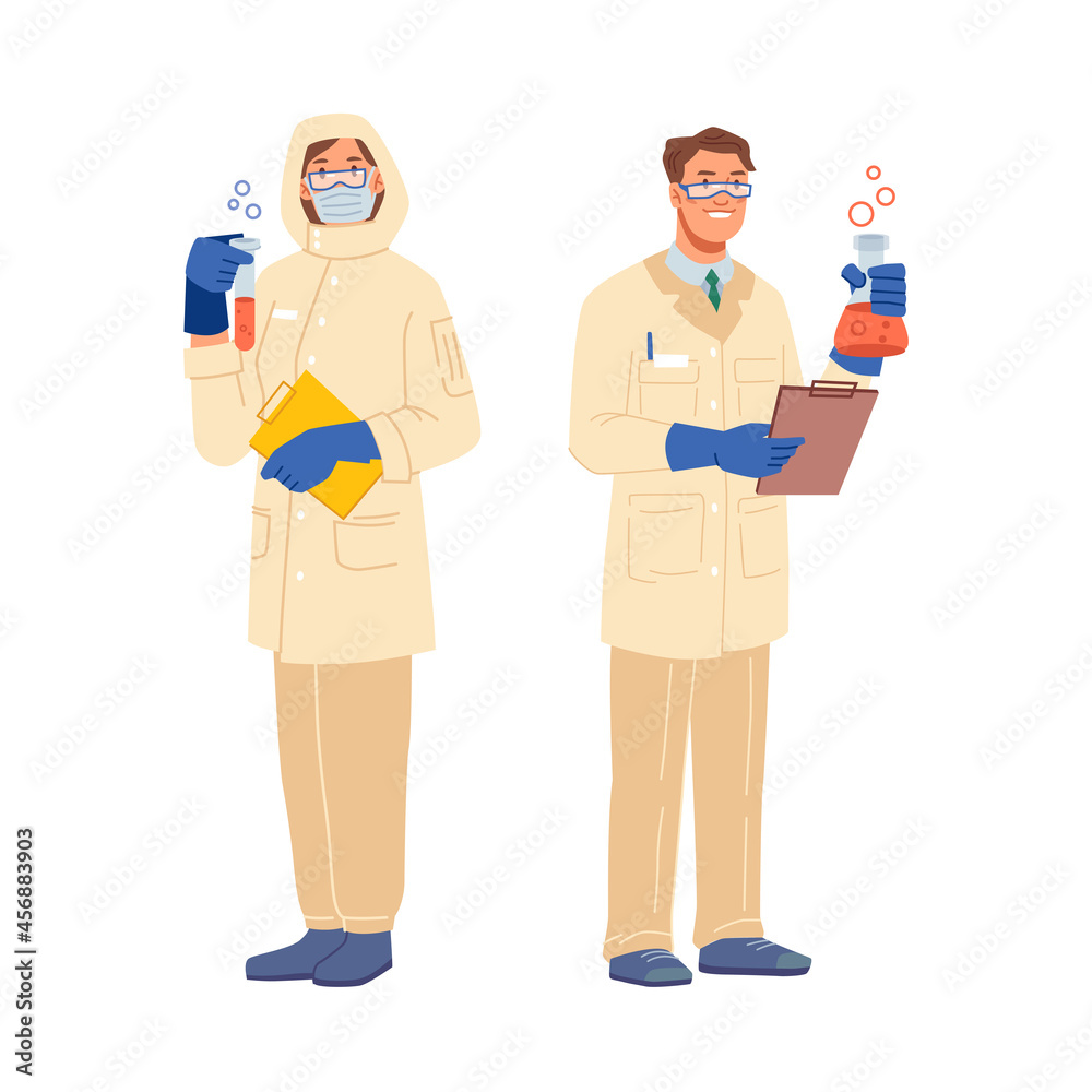Laboratory assistant and scientist in protective uniform isolated man and woman flat cartoon characters. Vector chemical and microbiology researches in lab with medical flasks making tests Laboratory assistant and scientist in protective uniform isolated man and woman flat cartoon characters. Vector chemical and microbiology researches in lab with medical flasks making tests