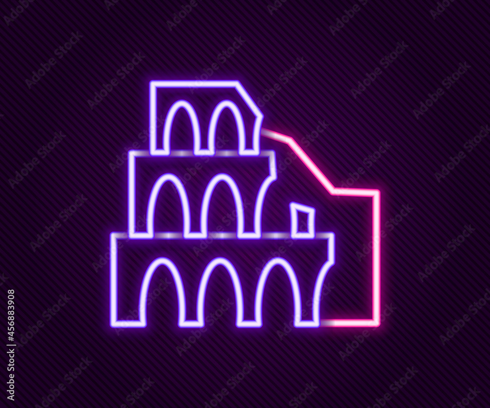 Glowing neon line Coliseum in Rome, Italy icon isolated on black background. Colosseum sign. Symbol of Ancient Rome, gladiator fights. Colorful outline concept. Vector