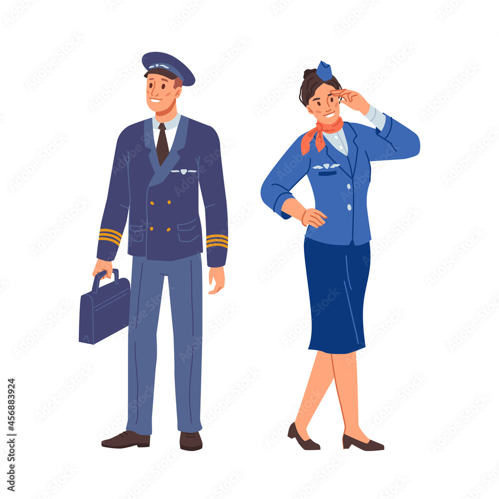 Stewardess and airplane pilot in uniform isolated flat cartoon characters in uniform. Vector aircraft staff, air crew and flight attendant. Man and woman airport employees job occupation personnel Stewardess and airplane pilot in uniform isolated flat cartoon characters in uniform. Vector aircraft staff, air crew and flight attendant. Man and woman airport employees job occupation personnel