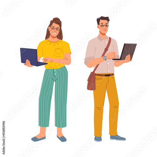 Programmers or web designers, freelance workers rewrighters copywriters, interpreters or translators man and woman with laptops isolated flat cartoon characters. Vector remote online employeeres