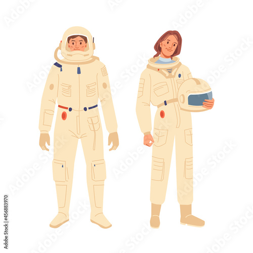 Astronauts profession workers isolated flat cartoon characters. Vector space man and woman cosmonauts in protective uniform spacesuits with helmet. Professional international cosmos exploration people