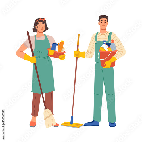 Cleaning workers isolated flat cartoon characters man and woman in uniform. Vector professional staff, domestic cleaner and washing equipment. Home clean, housework service or housekeeping janitors