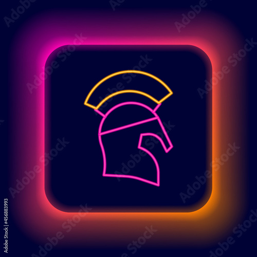 Glowing neon line Greek helmet icon isolated on black background. Antiques helmet for head protection soldiers with a crest of feathers or horsehair. Colorful outline concept. Vector