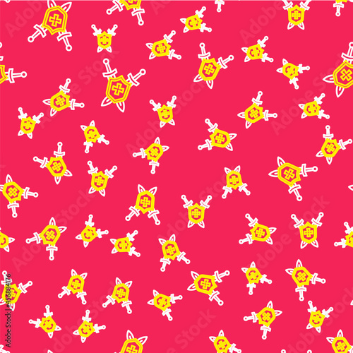 Line Medieval shield with crossed swords icon isolated seamless pattern on red background. Vector