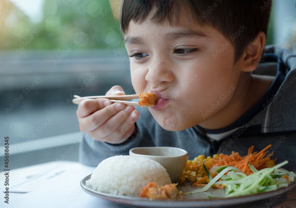 Close up face healhty boy eating chicken katsu with steam rice and mixed vegetables salad, Mixed race child enjoy meal in restaurant, Happy kid eating healthy food for his lunch with family. Close up face healhty boy eating chicken katsu with steam rice and mixed vegetables salad, Mixed race child enjoy meal in restaurant, Happy kid eating healthy food for his lunch with family.