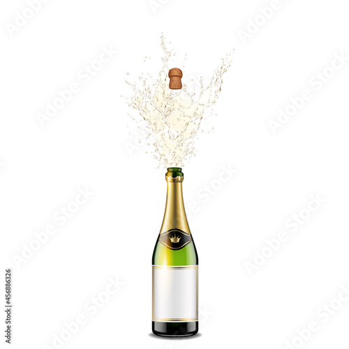 Bottle of champagne with a cork, vector realistic champagne explosion, isolated on white.