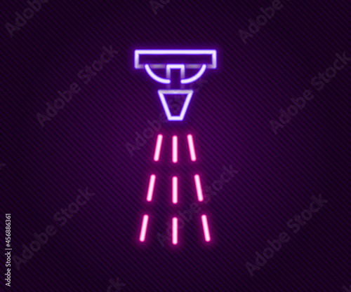 Glowing neon line Fire sprinkler system icon isolated on black background. Sprinkler, fire extinguisher solid icon. Colorful outline concept. Vector