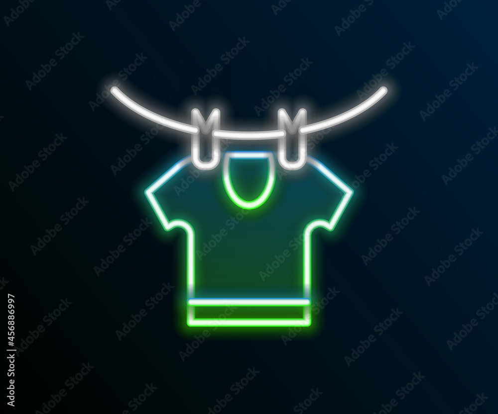 Glowing neon line Drying clothes icon isolated on black background. Clean shirt. Wash clothes on a rope with clothespins. Clothing care and tidiness. Colorful outline concept. Vector Glowing neon line Drying clothes icon isolated on black background. Clean shirt. Wash clothes on a rope with clothespins. Clothing care and tidiness. Colorful outline concept. Vector