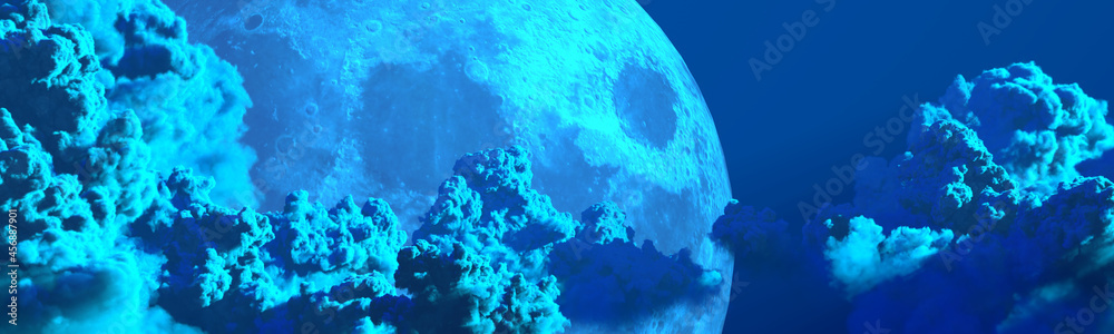 background - panoramic huge cumulus clouds and moon , conceptual nature 3D rendering background - panoramic huge cumulus clouds and moon , conceptual nature 3D rendering