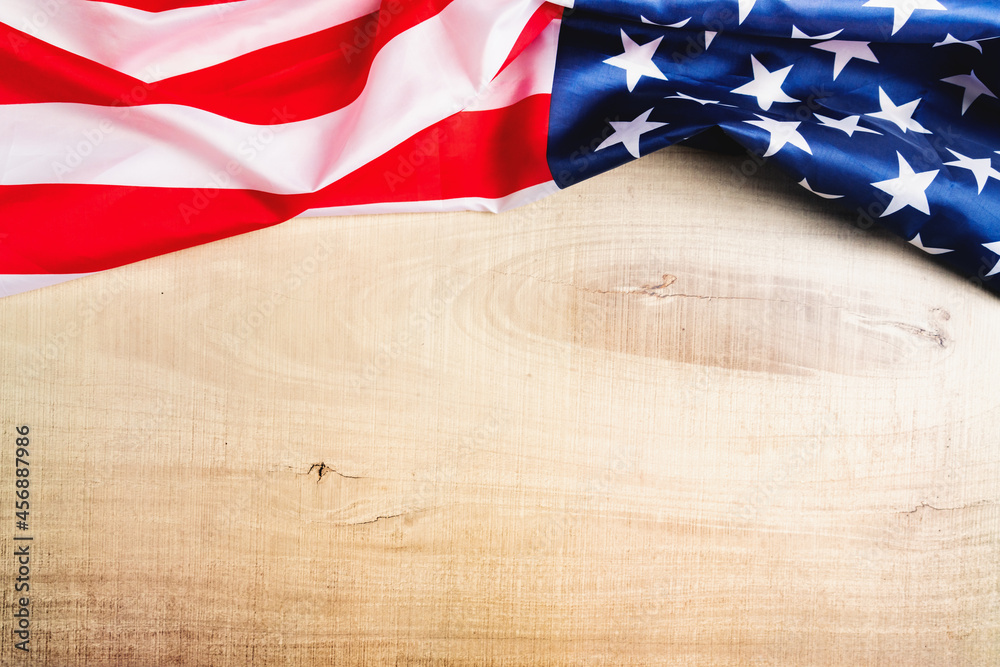 Obraz premium USA flag, America flag on wooden background with copy space