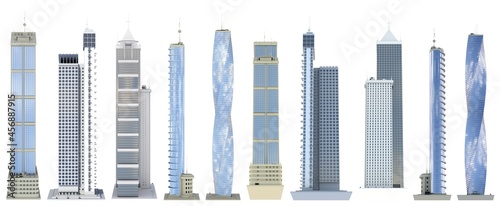Set of very detailed city skyscrapers with fictional design and blue cloudy sky reflection - isolated, various sides view 3d illustration of skyscrapers