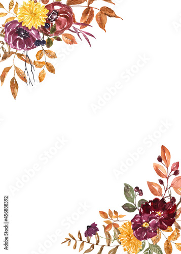 Watercolor floral border, botanical invitation template with red, burgundy, yellow and orange flowers, fall leaves. autumn card design.