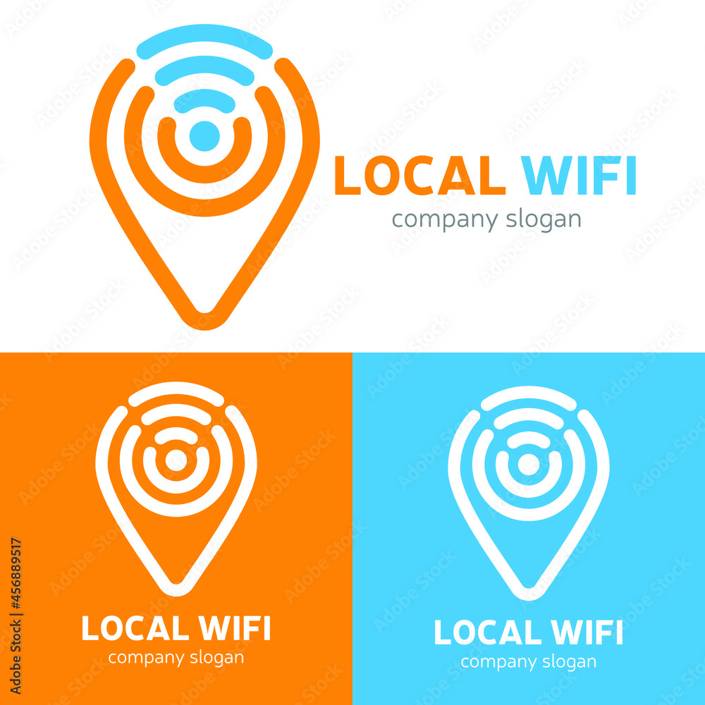 Vector of map pointer and wifi logo combination. GPS locator and signal symbol or icon. Unique pin and radio, internet logotype design template. Eps 10 vector illustration. Vector of map pointer and wifi logo combination. GPS locator and signal symbol or icon. Unique pin and radio, internet logotype design template. Eps 10 vector illustration.