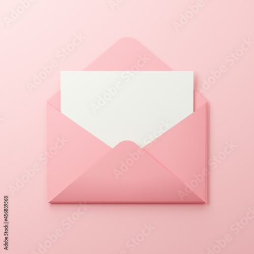 Pink envelope with empty paper sheet. 3d rendered image.